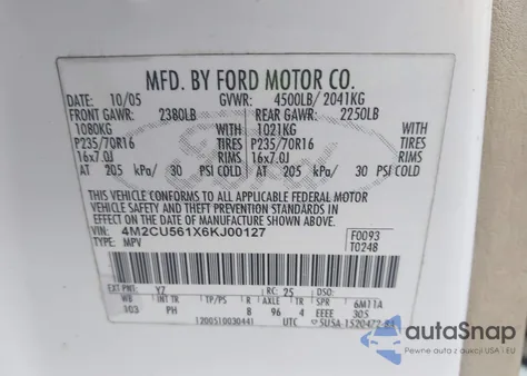 2006 Mercury Mariner from USA, damaged, VIN 4M2CU561X6KJ00127